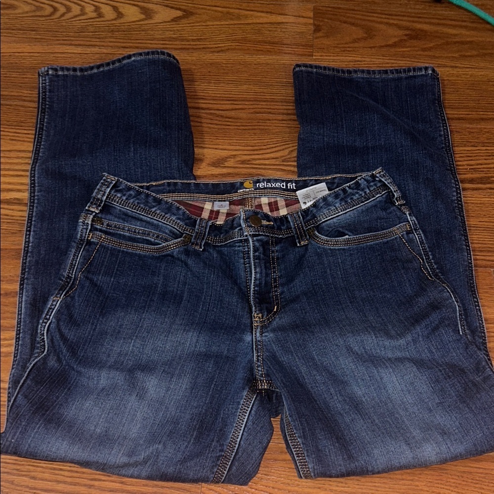 VNTG Carhartt Plaid Thick Lined Relaxed Fit Dark Wash Denim Women Jean size 8x31